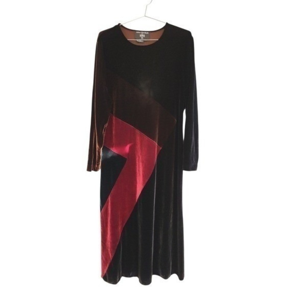 Nina Charles Kasper Velvet Dress Womens Large Black Burgundy Colorblock Midi Mod